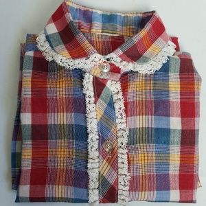 Vintage Cotton madras plaid blouse lace trim